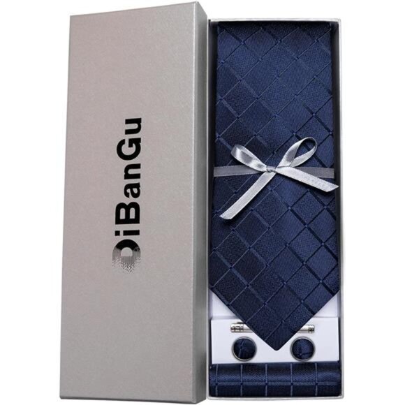 Plaid Ties for Men Silk Checkered Necktie & Pocket Square Cufflinks Tie Clip Set - Picture 3 of 7